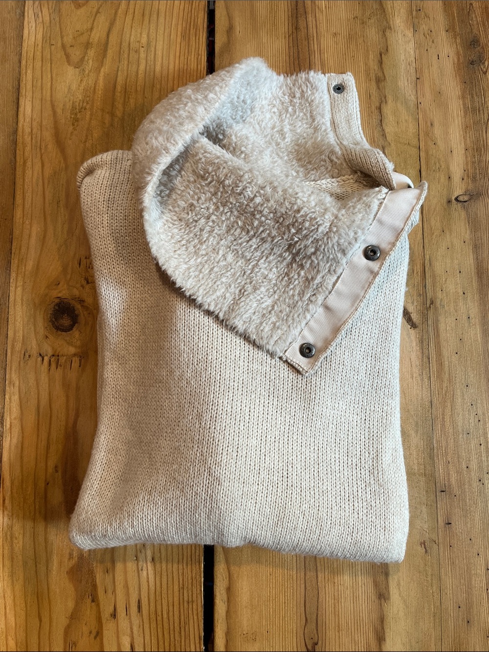 SMARTWOOL L Cream Sherpa Funnel Neck Snap Down Wool Sweater